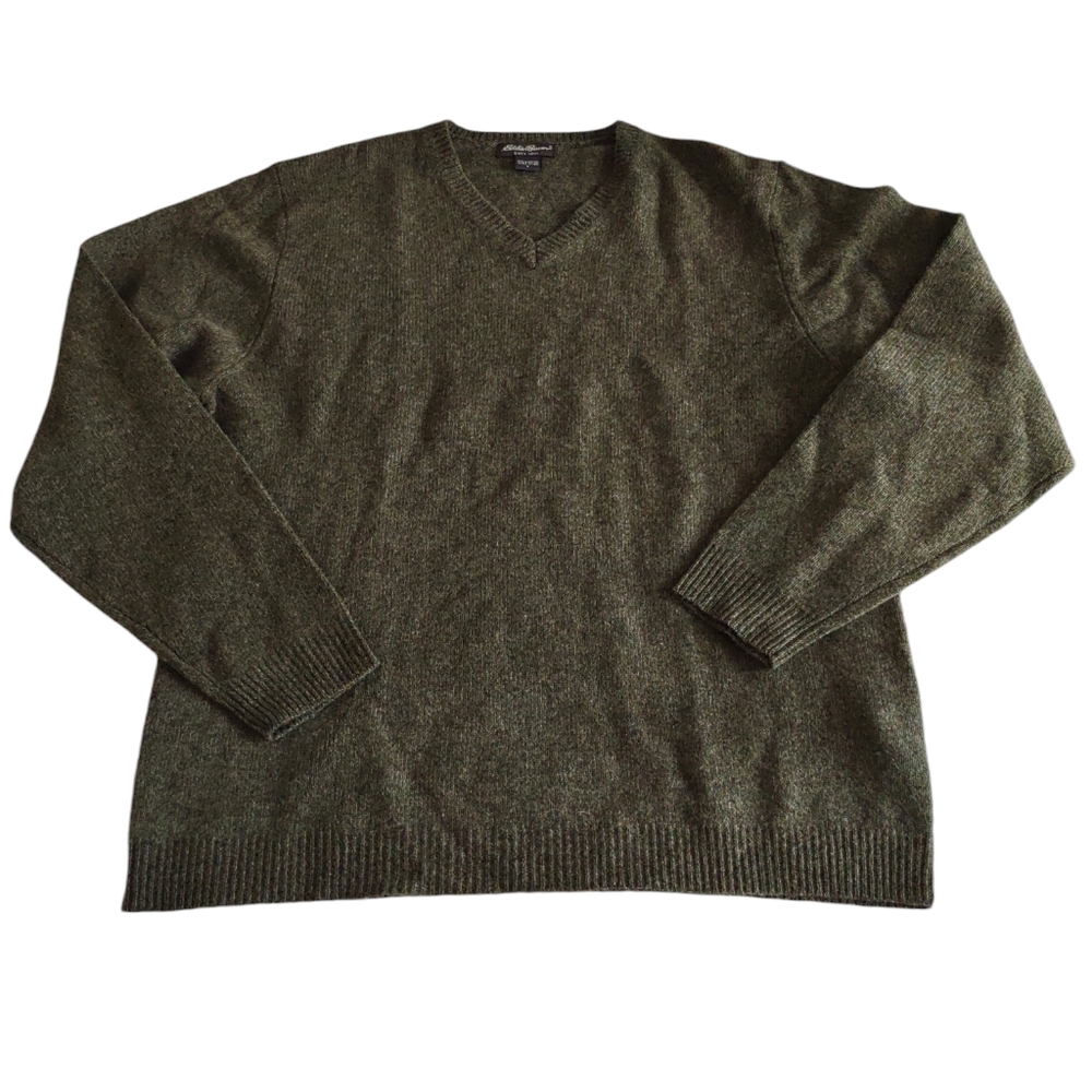 Eddie Bauer Large 100% Lambswool Olive Green V-Neck Sweater